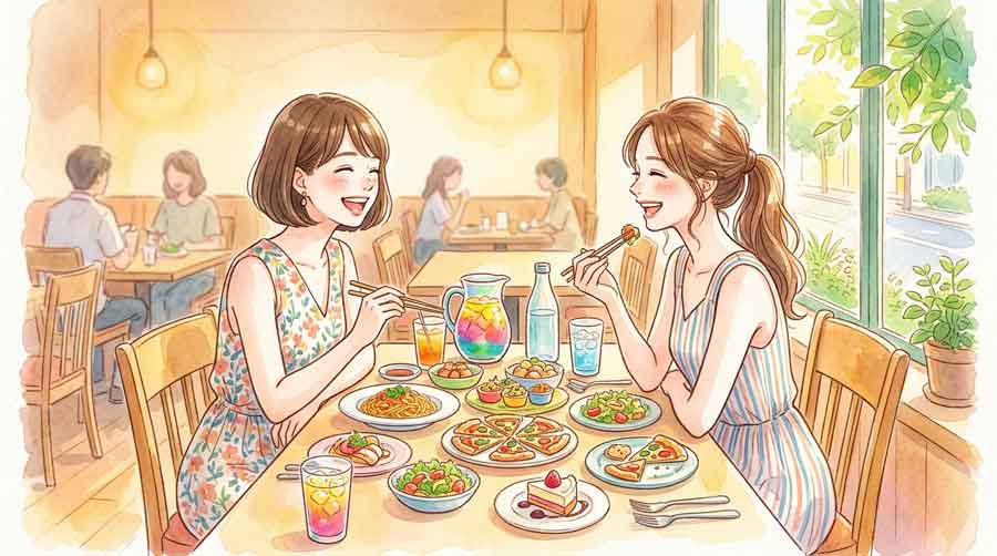 サイゼリヤのテーブルで友人とシェアしながら笑顔で食事を楽しむ女性たち