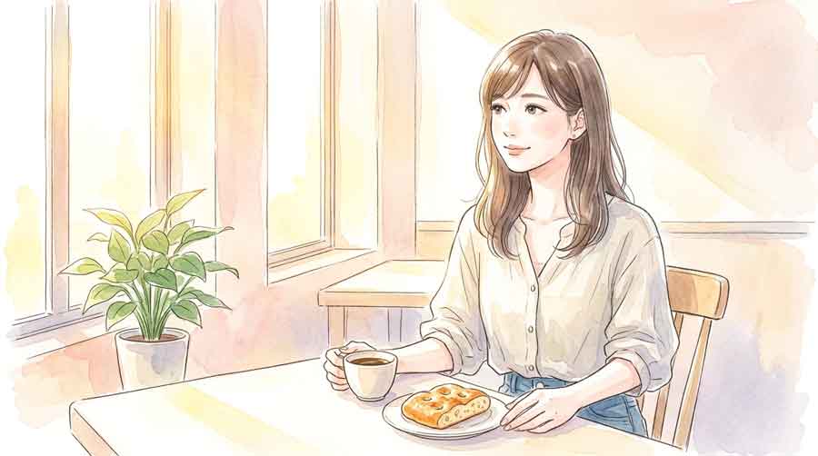 早朝のサイゼリヤ店内でフォッカチオとドリンクを楽しむ女性のイラスト