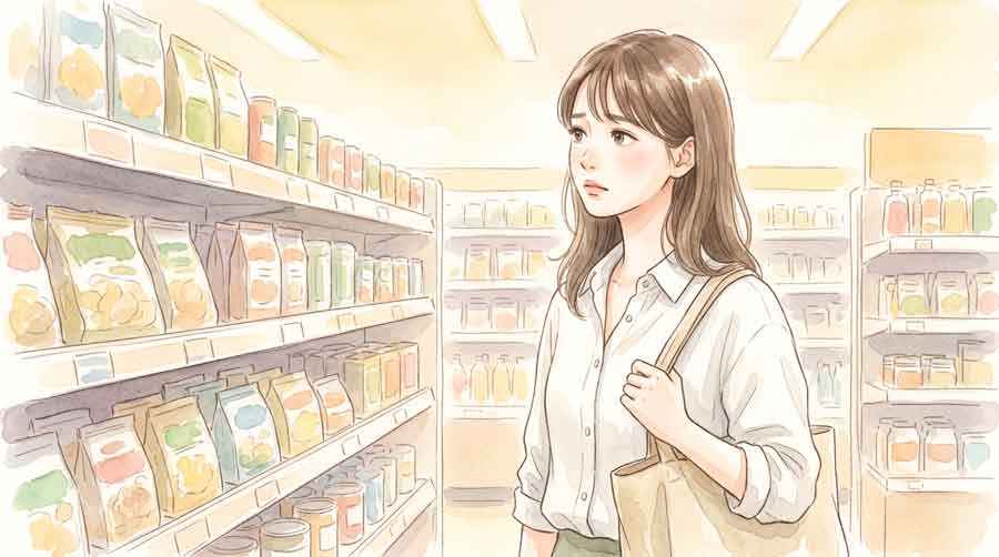 物価高騰のなか食材を手に考え込む女性のイラスト