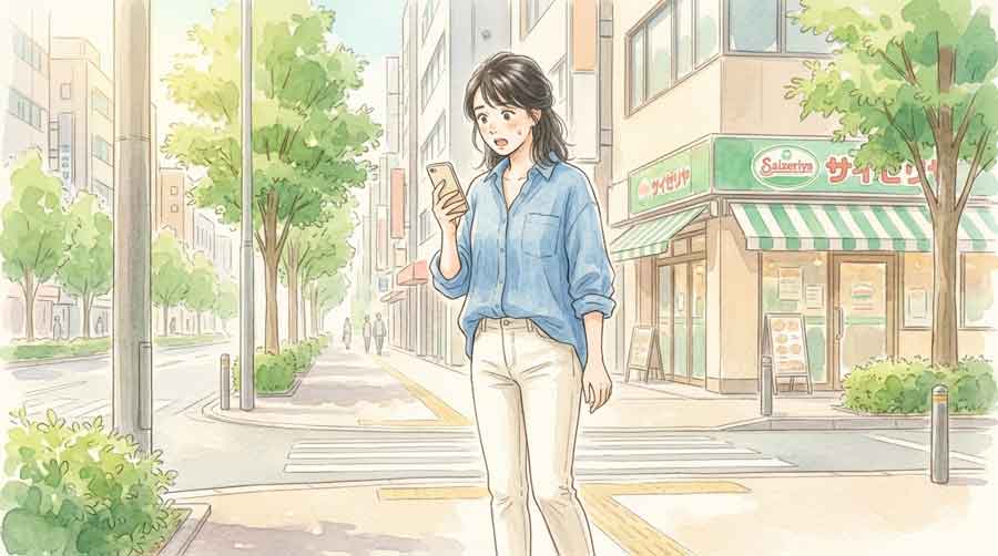 スマートフォンでサイゼリヤのメニュー改定ニュースを見て驚く女性