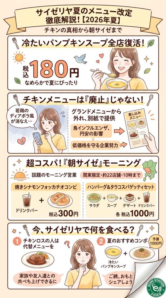 サイゼリヤのメニュー改定で何が変わる?チキン販売休止の真相と朝サイゼの破格コスパ【2026年夏】インフォグラフ