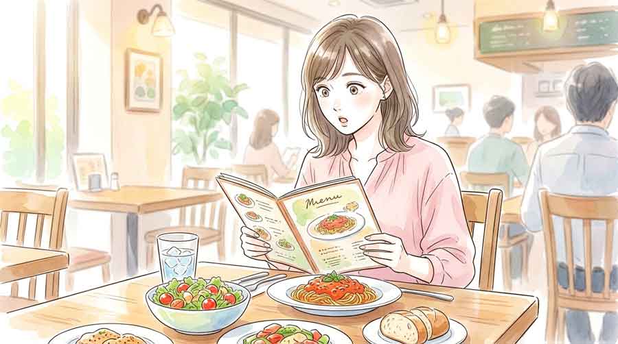 サイゼリヤのテーブルに並んだイタリアンメニューを見て驚いた表情の女性