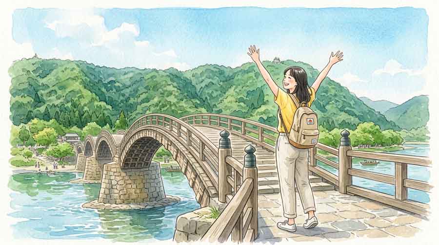 春の錦帯橋と桜並木を歩くカジュアルな女性のイラスト