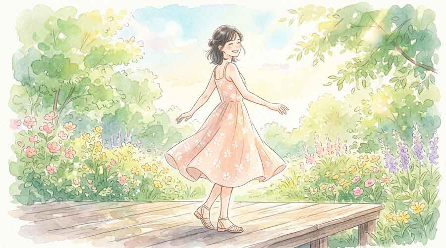 舞台の上でスポットライトを浴びながら踊る女性のイラスト