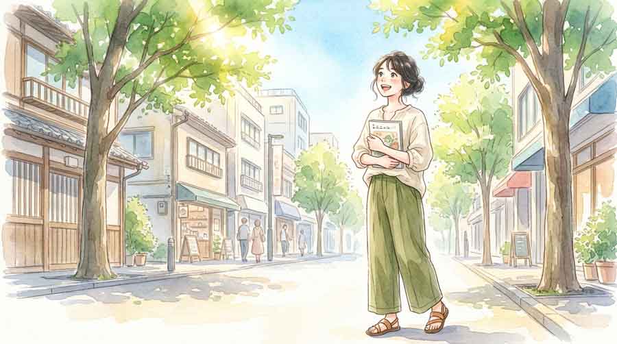 山口県岩国市の錦帯橋と満開の桜を眺めて感動する女性のイラスト