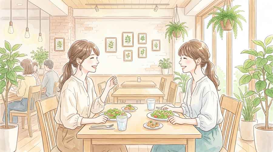 友人同士でステーキレストランのランチを楽しむ女性たちのイラスト・初夏の明るい店内