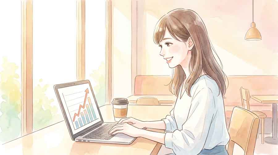 グラフが上昇しているイラスト・ビジネスの成長を喜ぶ女性