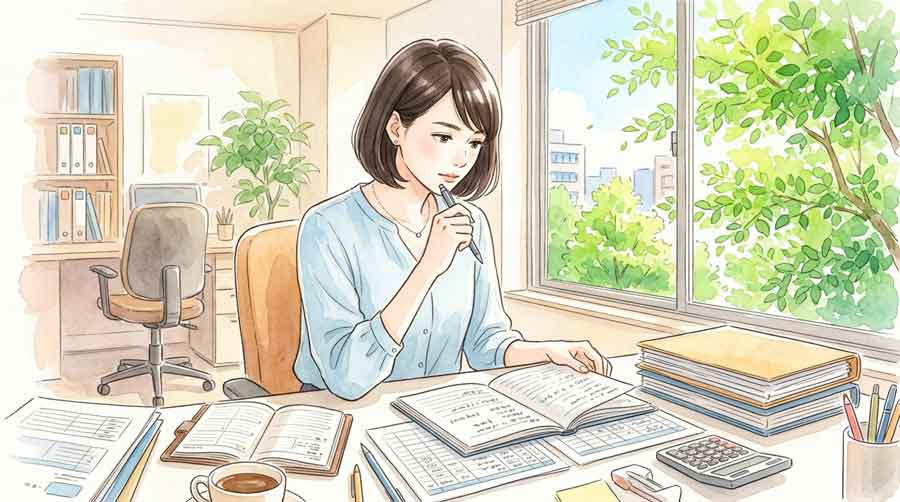 ノートを前に真剣に考える女性経営者のイラスト・明るいオフィス