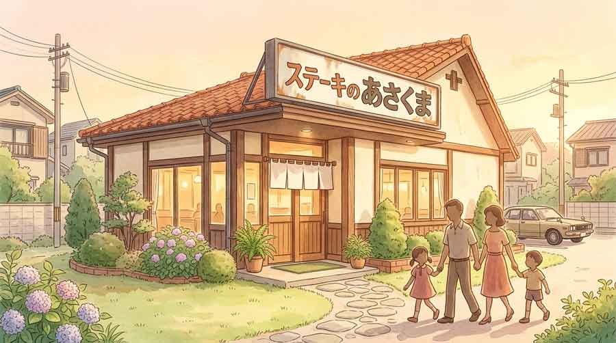 昔ながらのステーキレストランの外観と懐かしい昭和の街並みのイラスト