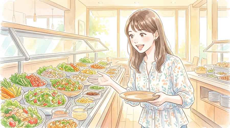 惣菜やデザートが豊富に並ぶビュッフェカウンターの前で笑顔の女性のイラスト