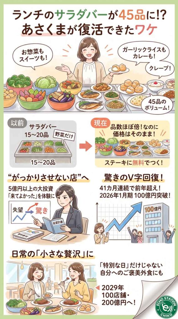 ランチのサラダバーが45品に!?あさくまが復活できたワケに思わず感動したインフォグラフ