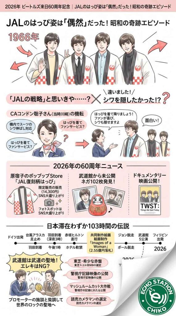 JALの法被姿は「偶然」だった！ビートルズ来日60周年で知った昭和の奇跡エピソードインフォグラフ