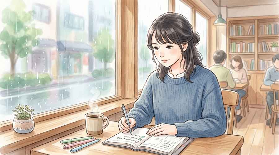 手帳に家計の見直し項目を書き出しているの女性のイラスト、梅雨の室内カフェ