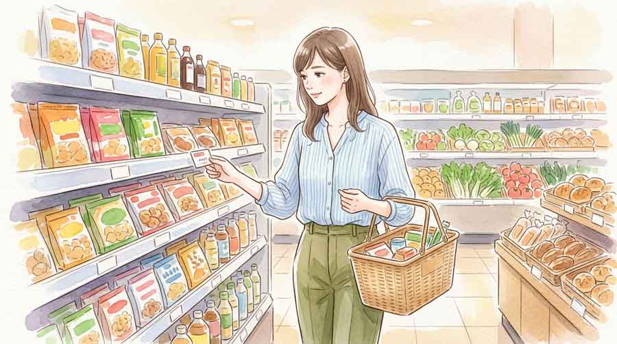 スーパーの食品売り場で物価の値段を確認しながら買い物かごを持つ女性のイラスト、梅雨の日差し
