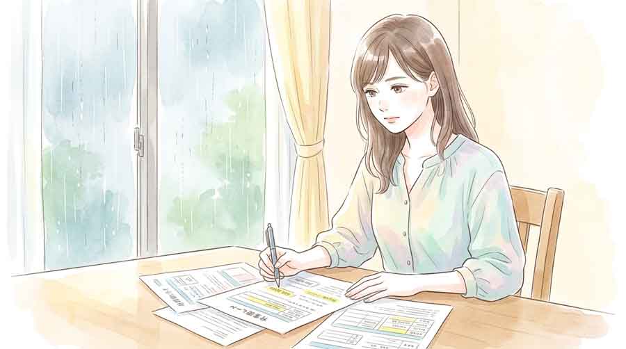住宅ローンの書類をテーブルに広げて真剣に確認している女性のイラスト、梅雨の室内