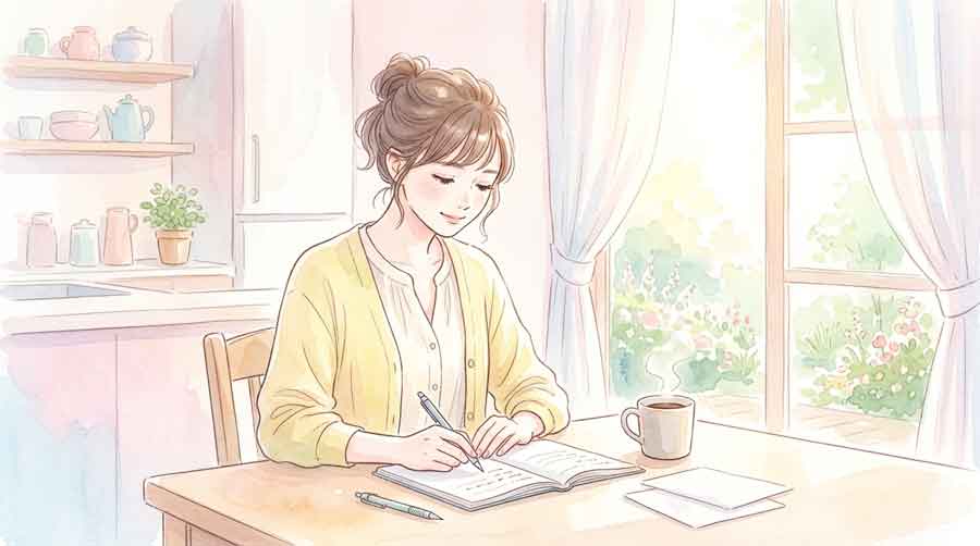 テーブルの上に家計簿とコーヒーを置き、金利の仕組みをノートで整理している女性のイラスト
