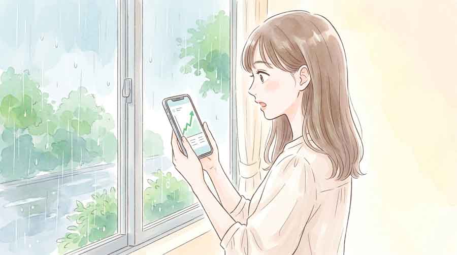 スマートフォンで株価ニュースを見て驚いた表情の女性のイラスト、梅雨の窓辺