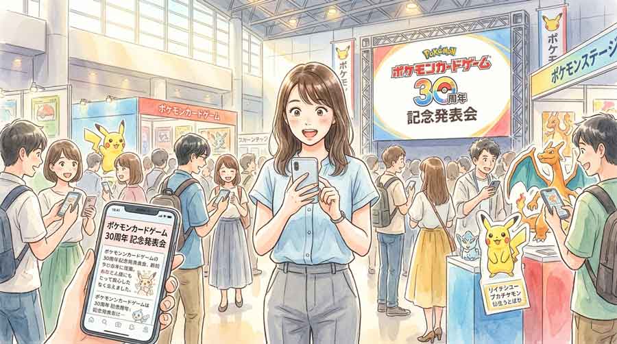 30周年記念ポケモンカードゲームのニュースに驚いて笑顔になる女性のイラスト