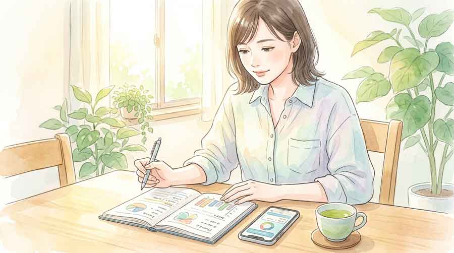家計ノートとスマホを前に資産の見直しを考える女性の水彩イラスト