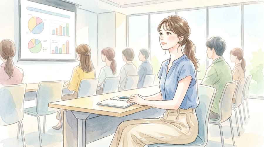 株主総会の会場でプレゼン資料を見ながら質問を聞く女性のイラスト