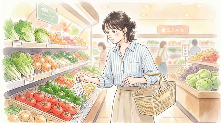スーパーで値段の上がった食品を見て困惑する日本人女性の水彩イラスト