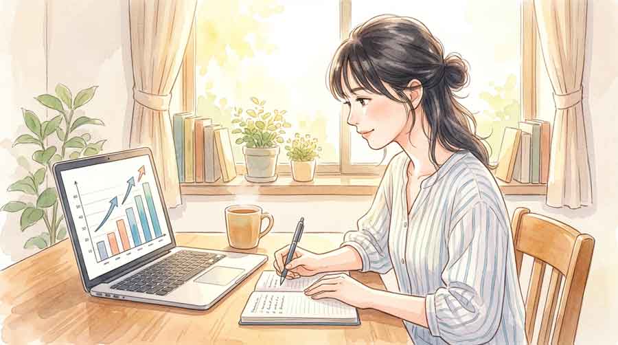 金利上昇を示すグラフを見ながら家計管理ノートを書く日本人女性のイラスト