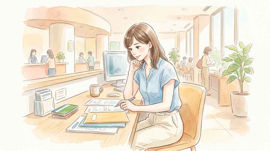 銀行窓口で大量の書類を前に考え込む女性の水彩イラスト