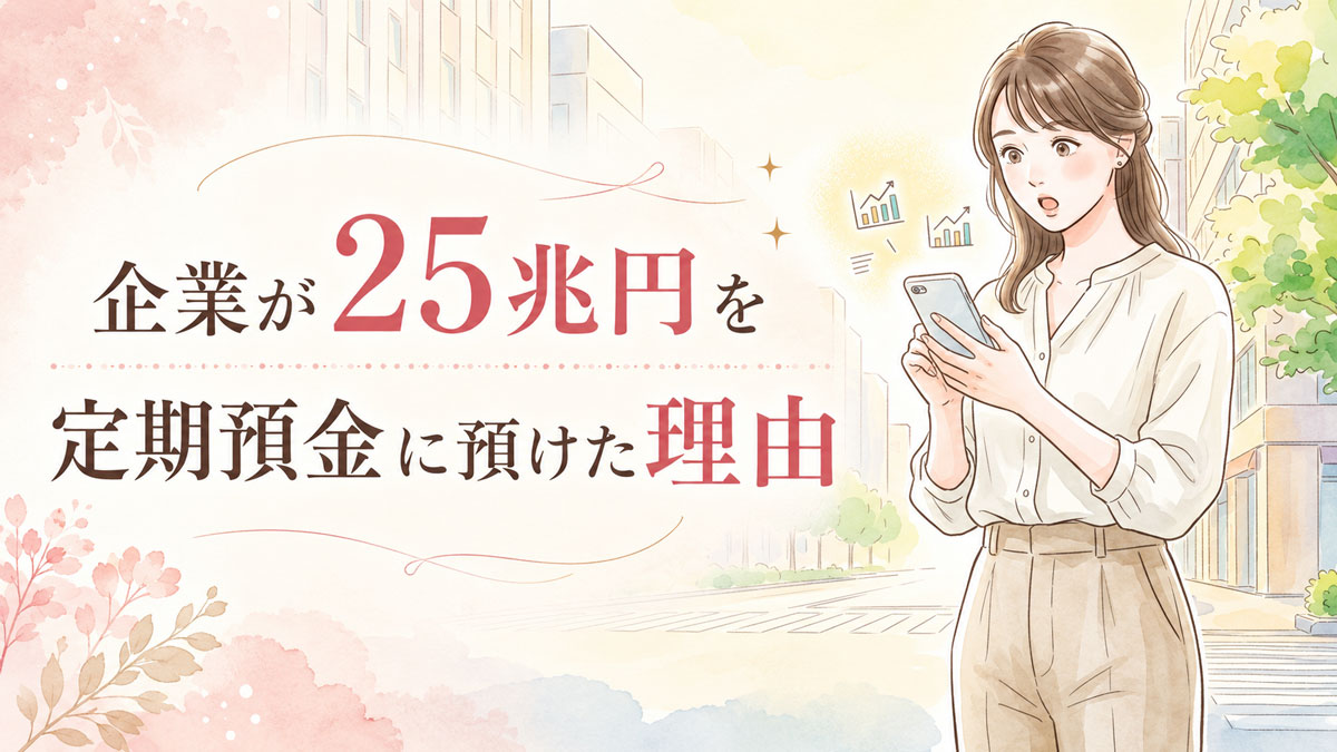 スマートフォンで企業の定期預金急増ニュースを見て驚く日本人女性のイラスト