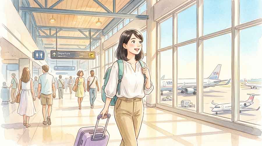 スーツケースを持ってアメリカの空港に降り立つ旅行中の女性