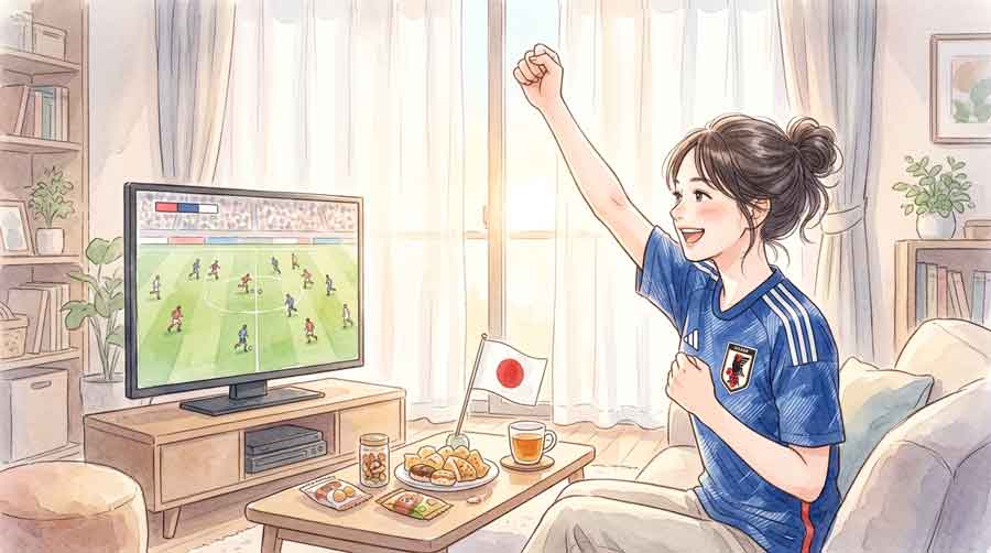 早朝のリビングで日本代表のユニフォーム姿でテレビ観戦する女性