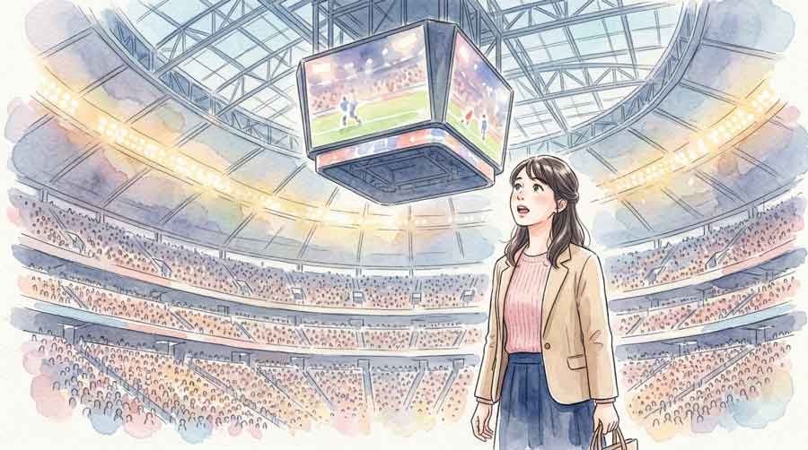 巨大スクリーンのあるスタジアム内部に驚く女性
