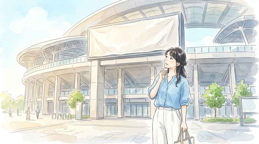 スタジアムの看板を見上げて首をかしげる女性