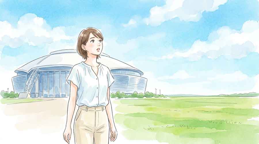 テキサスの広い空の下にそびえる巨大スタジアムを見上げる女性