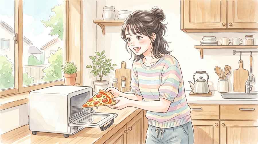 キッチンでトースターの前に立ちピザの再加熱準備をする女性