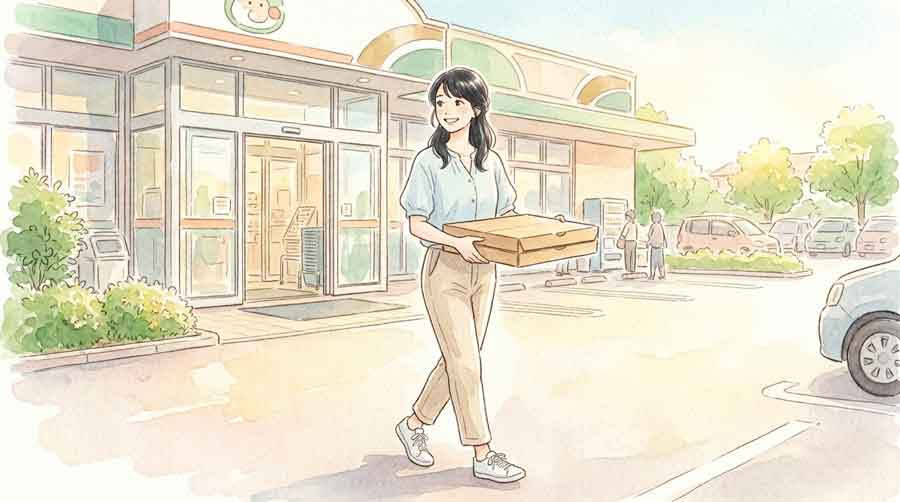 テイクアウトのピザ箱を嬉しそうに手に持ってスーパーから出てくる女性