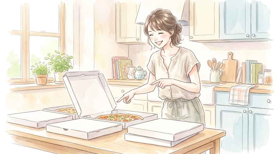  テーブルの上に並ぶ大きなピザの箱を前に喜ぶ女性