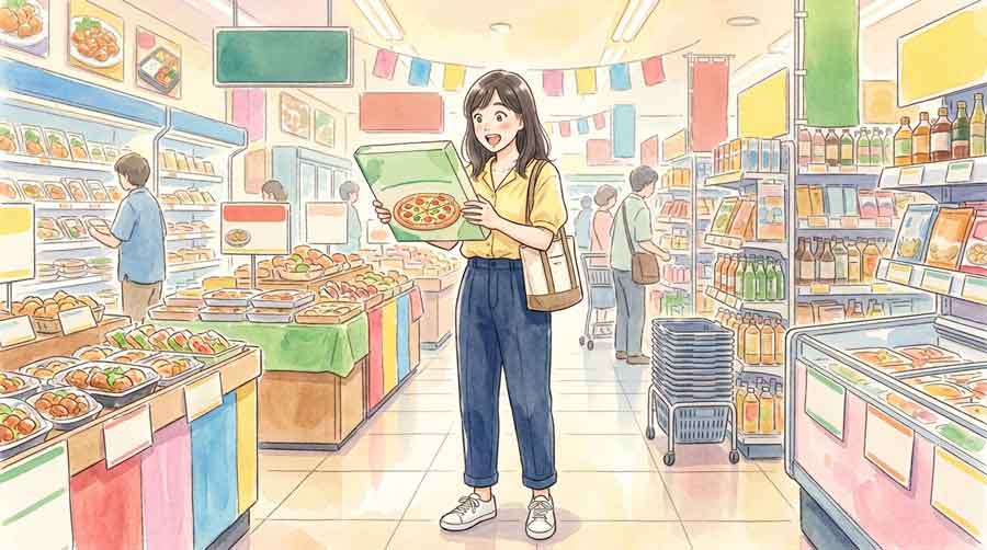 MEGAドンキの食品コーナーでピザの箱を手に取って驚いた表情の女性