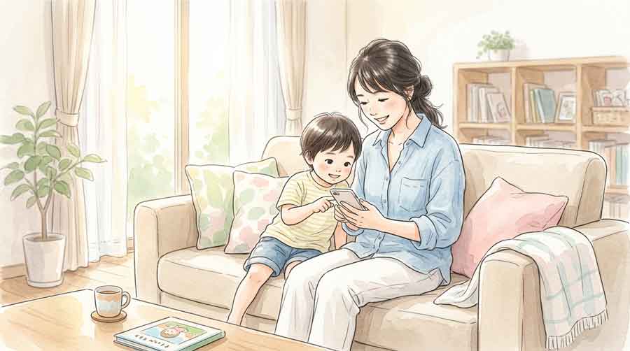 親子でスマートフォンの設定を一緒に確認しているやさしいシーン