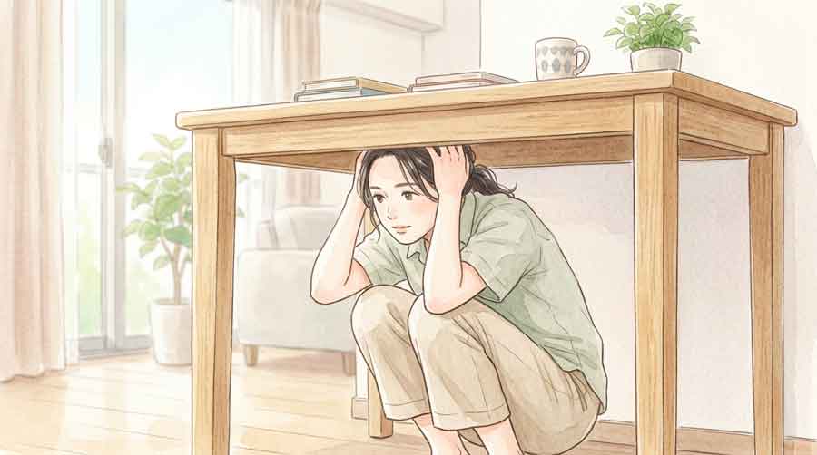 机の下に素早く身を隠す女性のイラスト