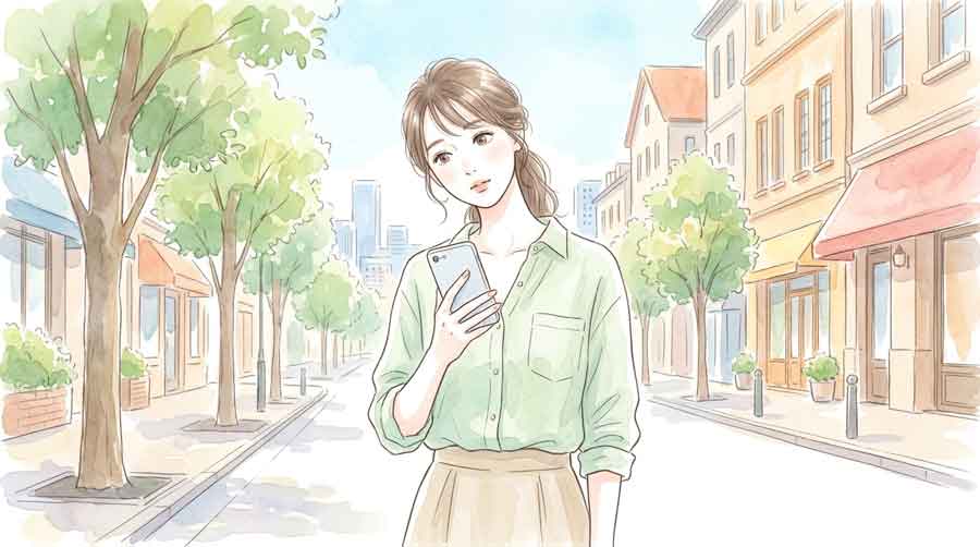 スマートフォンを見て首をかしげる女性のイラスト