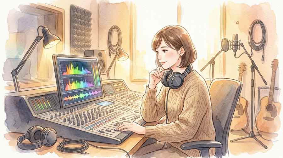音響設計の機材の前で真剣に考える研究者のイラスト