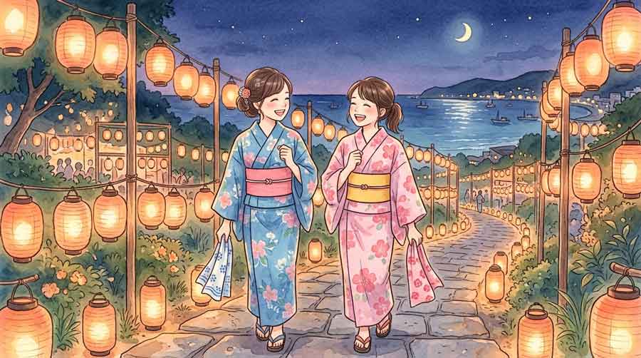  浴衣でオリジナル手ぬぐいをもらった女性2人が灯籠の参道を歩く