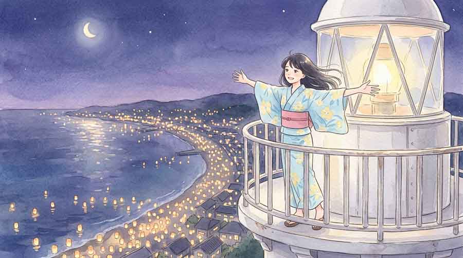 展望灯台の頂上から湘南の夜景を見渡す浴衣の女性