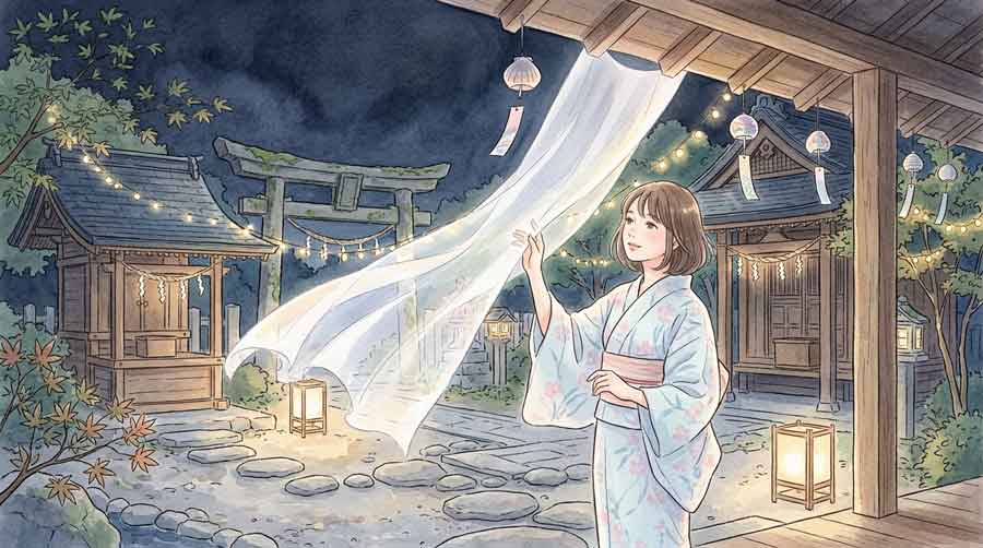 辺津宮で海風に揺れる布のヴェールに手を伸ばす浴衣の女性