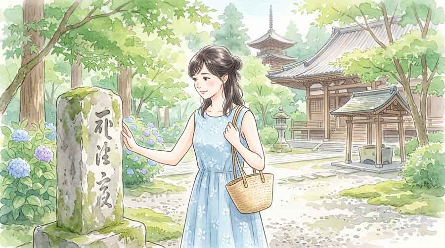  歴史的な寺院の境内を歩き石碑を見つめる女性