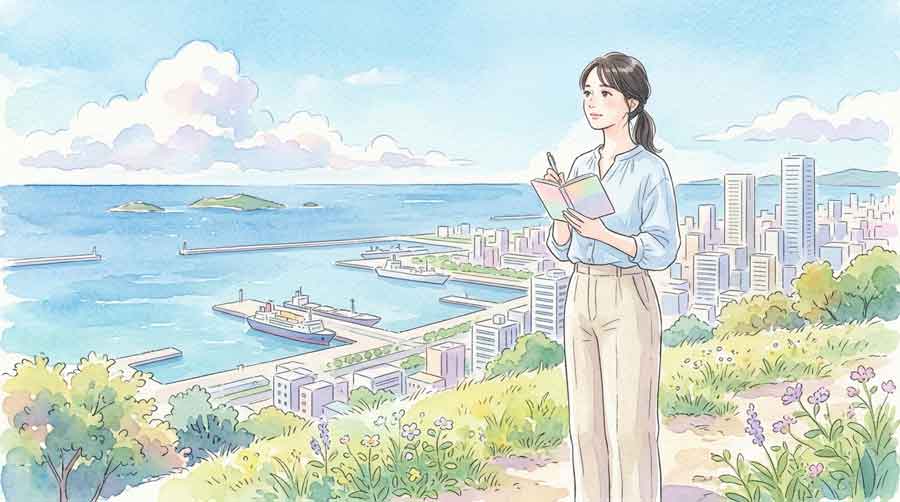 港を見渡せる丘の上で感慨深い表情で立つ女性