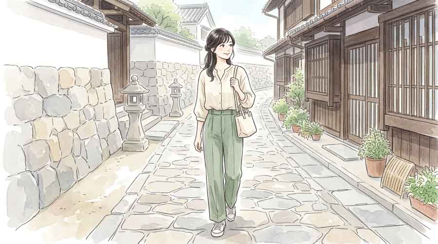 石畳の城下町を歩く凛とした雰囲気の女性