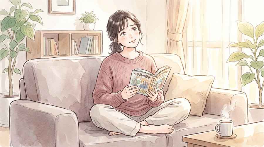 本棚の前で歴史の本を手に取り感心した表情の女性