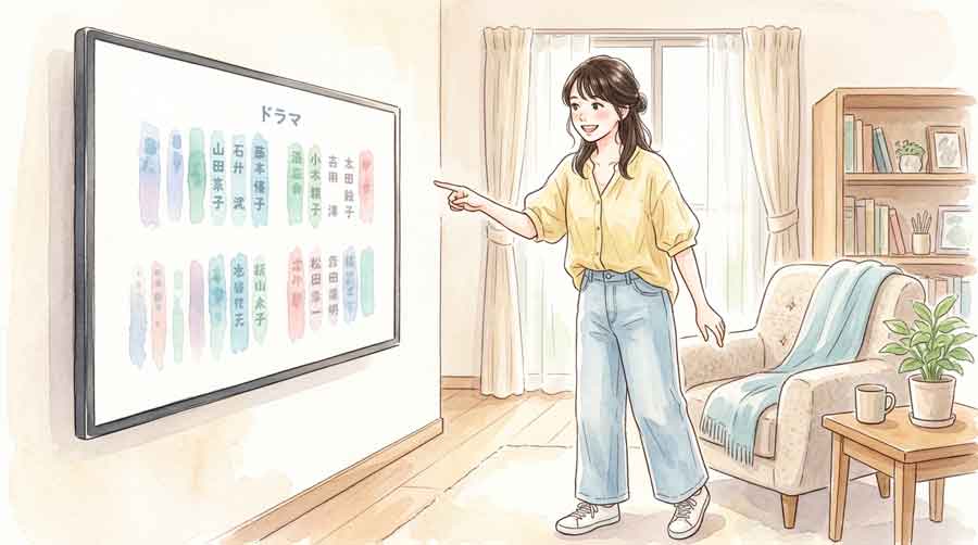 テレビドラマのキャスト一覧ページを見ながら嬉しそうに立つ女性