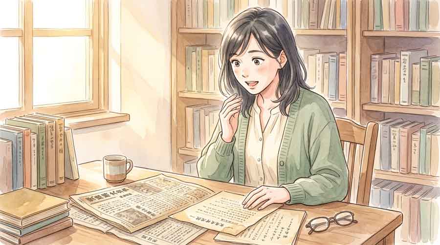 古い新聞や資料を見ながら驚いた表情の女性